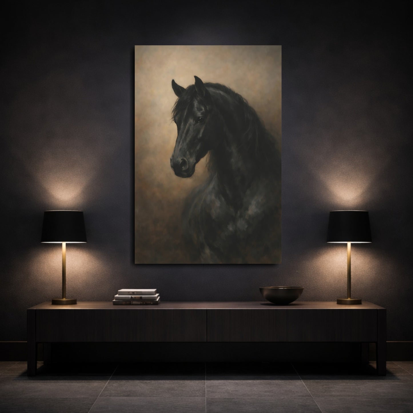 Mockup 2. Animals Horse Black Horse shown as stretched canvas wall art