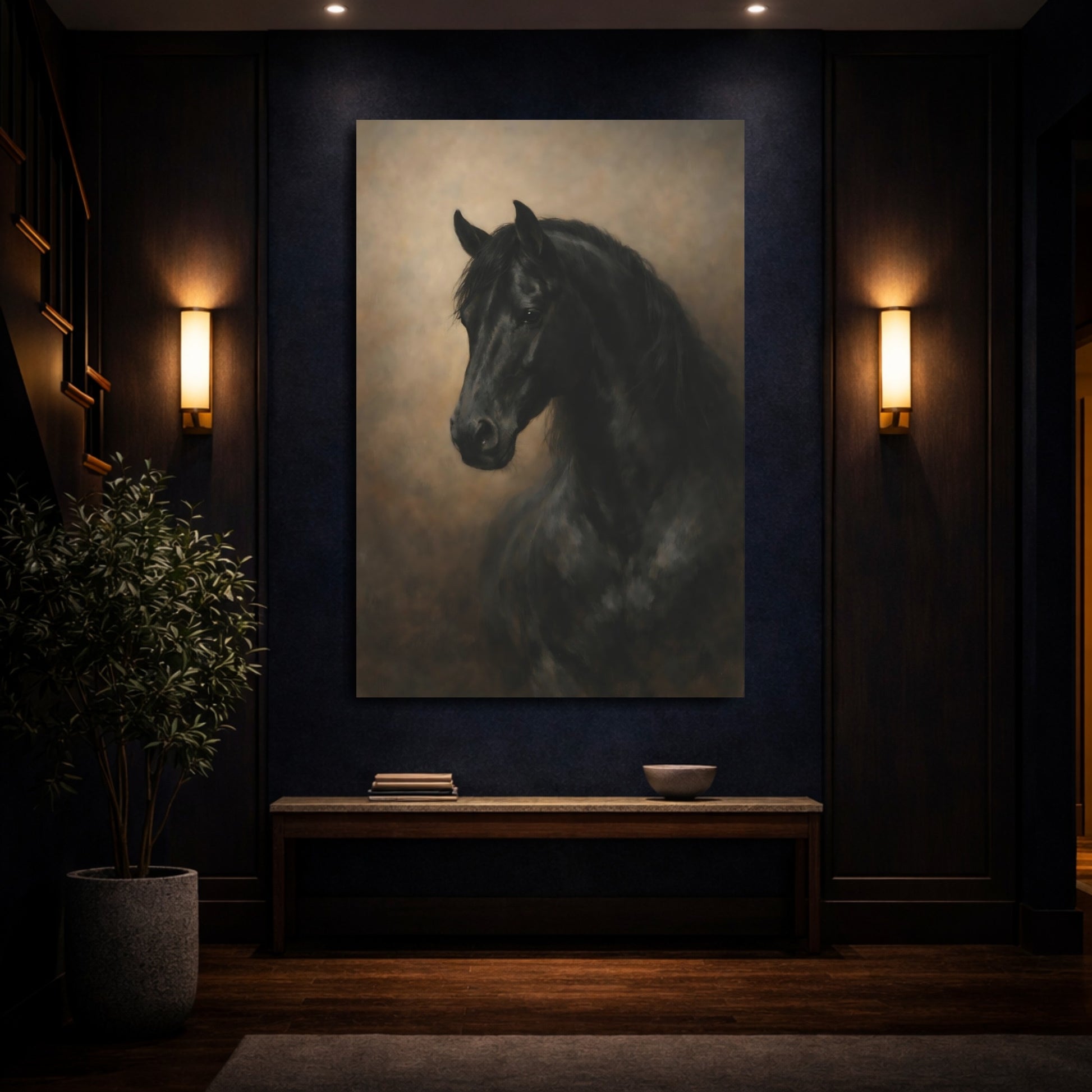 Mockup 3. Animals Horse Black Horse shown as stretched canvas wall art