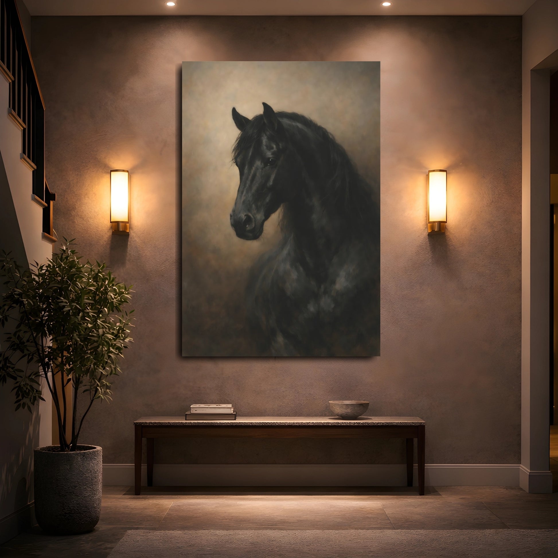 Mockup 4. Animals Horse Black Horse shown as stretched canvas wall art