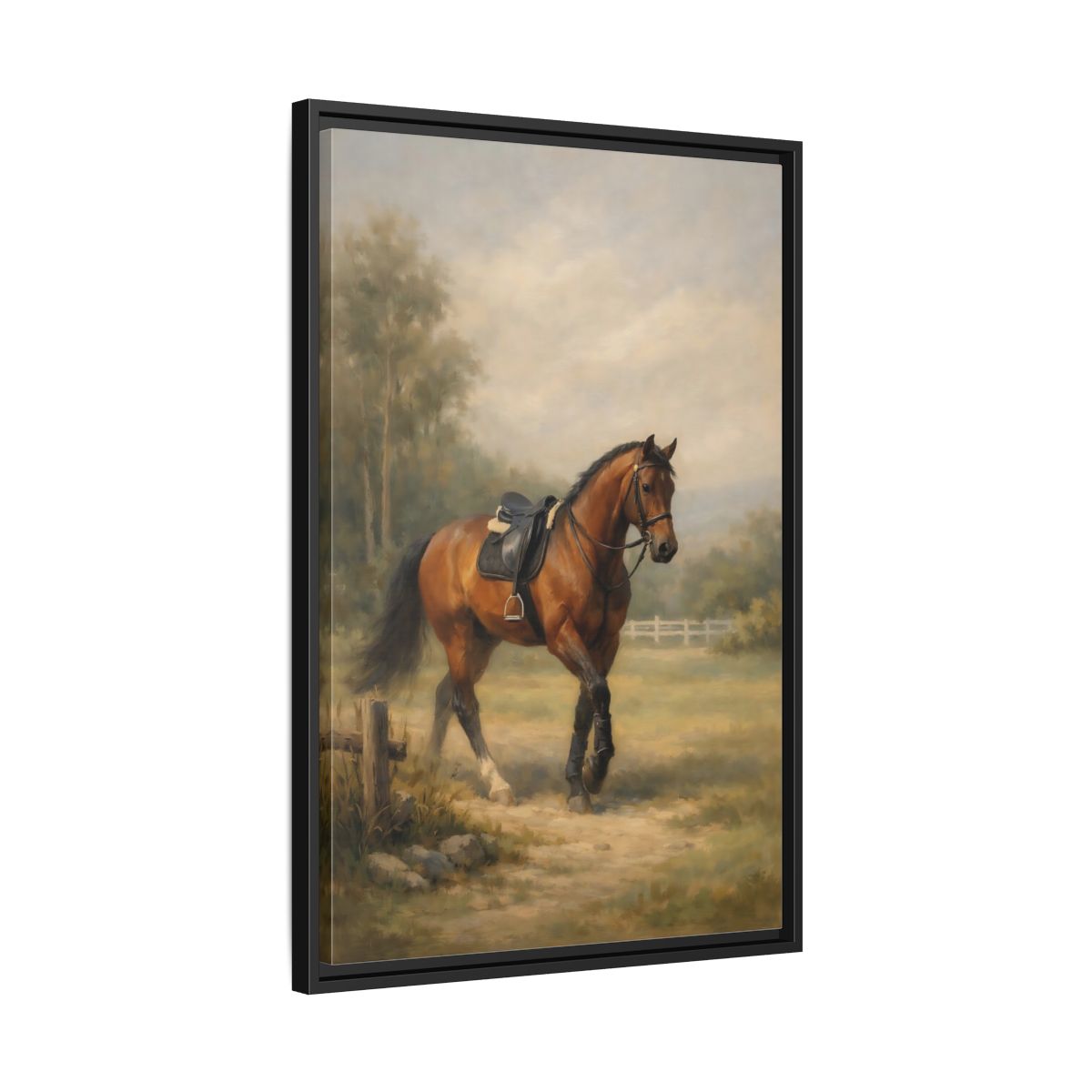 Side Mockup 14. Animals Horse Brown And Green shown as stretched canvas wall art