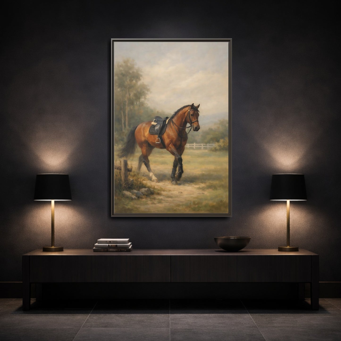 Mockup 2. Animals Horse Brown And Green shown as stretched canvas wall art