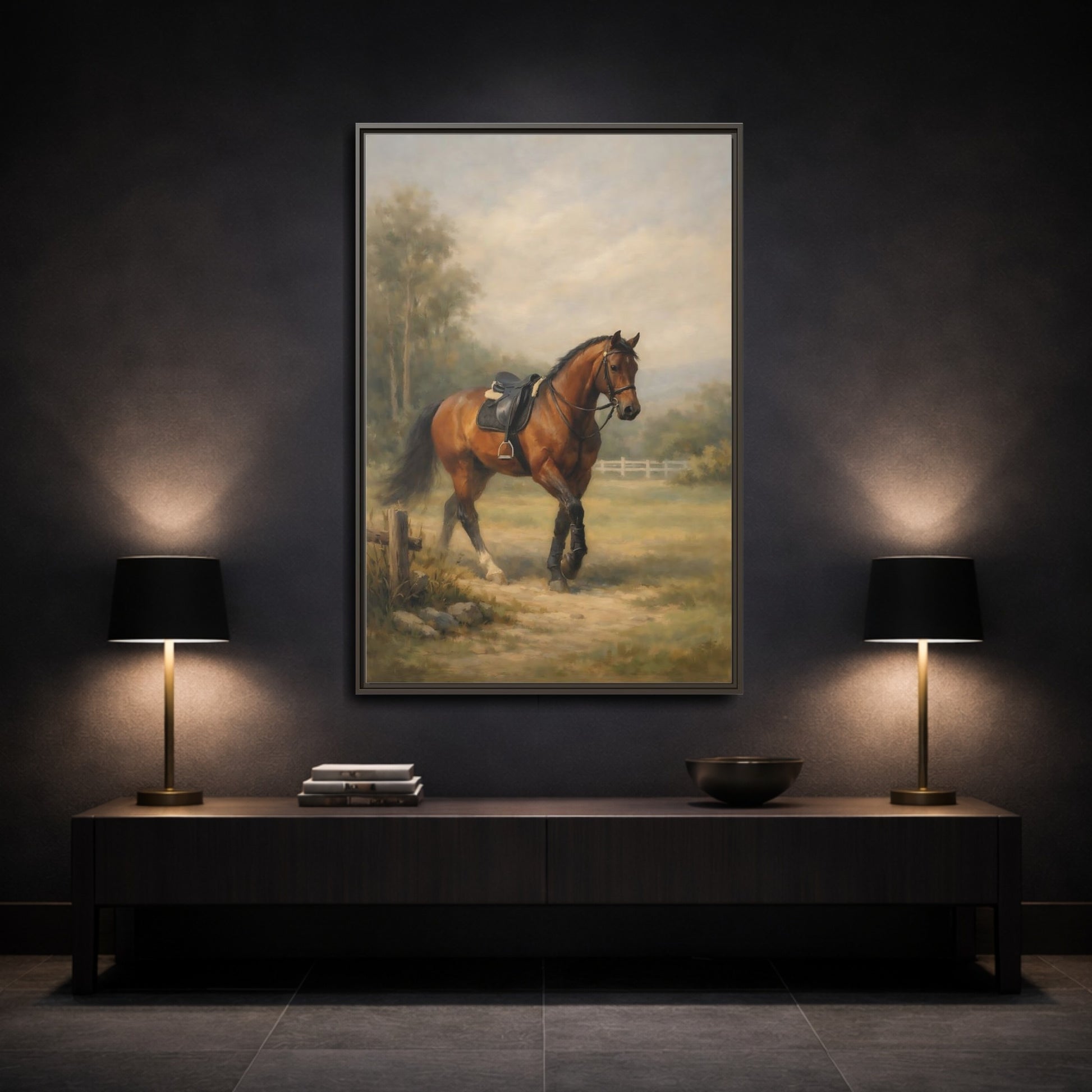 Mockup 2. Animals Horse Brown And Green shown as stretched canvas wall art