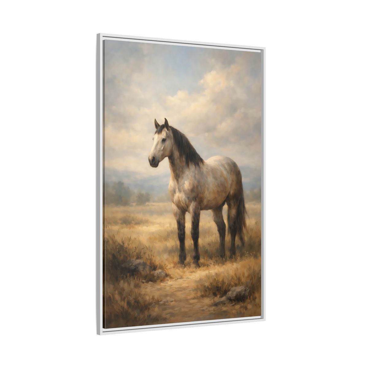Side Mockup 7. Animals Horse Brown And Grey Horse shown as stretched canvas wall art