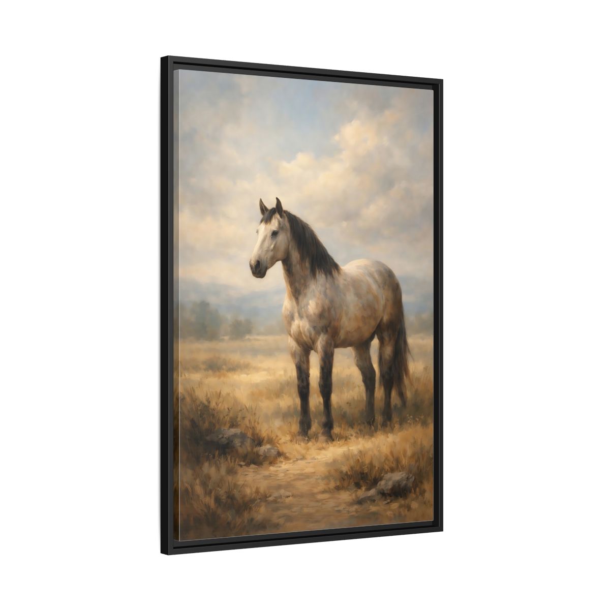 Side Mockup 13. Animals Horse Brown And Grey Horse shown as stretched canvas wall art