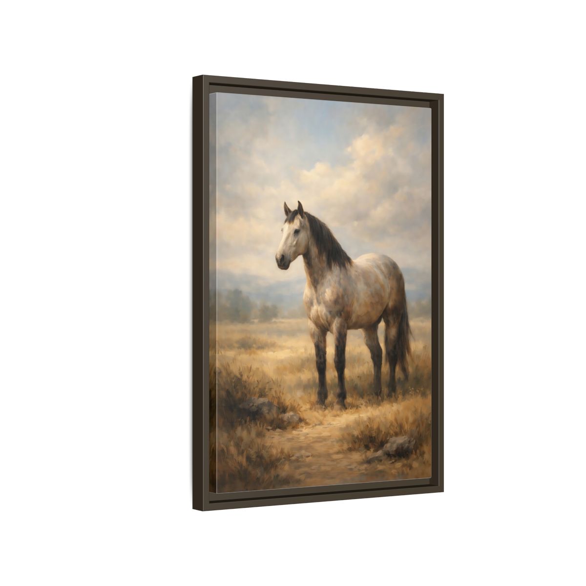 Side Mockup 2. Animals Horse Brown And Grey Horse shown as stretched canvas wall art