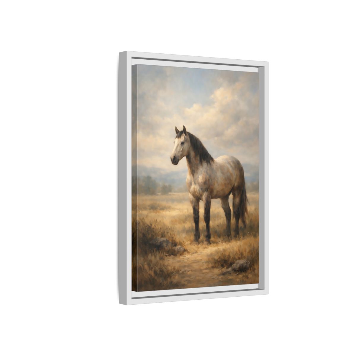 Side Mockup 4. Animals Horse Brown And Grey Horse shown as stretched canvas wall art