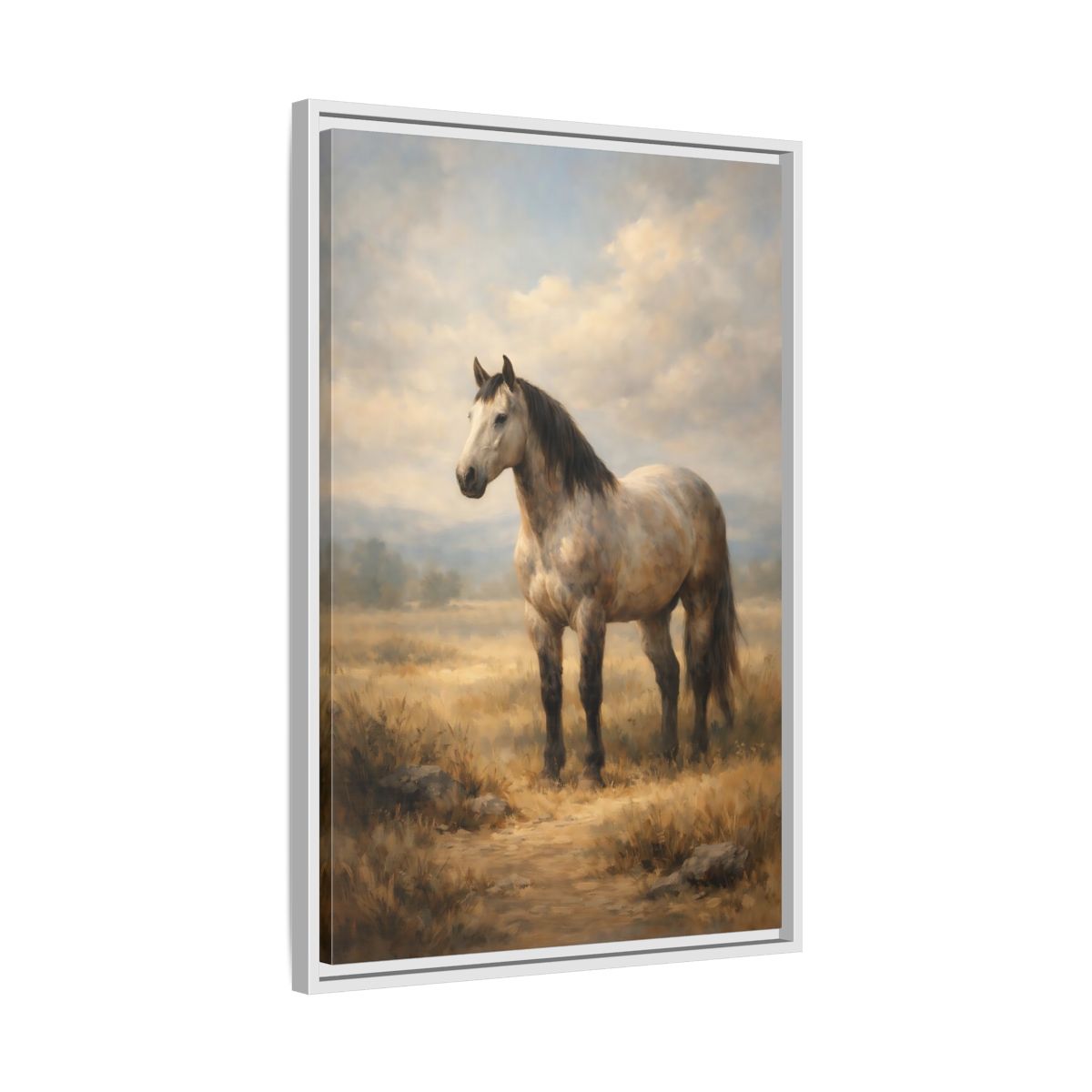 Side Mockup 11. Animals Horse Brown And Grey Horse shown as stretched canvas wall art
