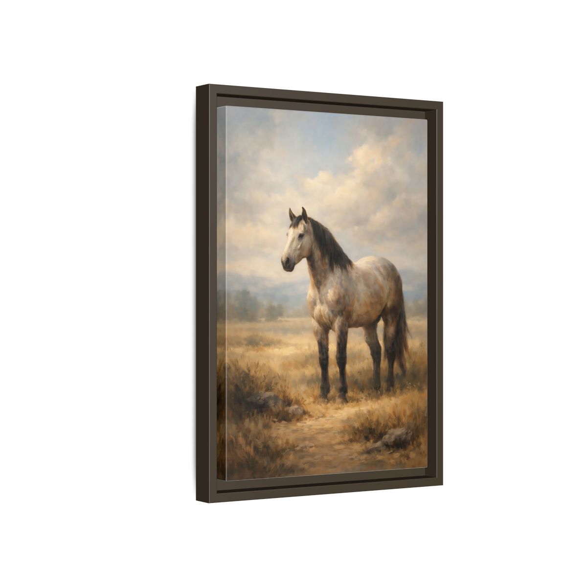 Side Mockup 5. Animals Horse Brown And Grey Horse shown as stretched canvas wall art