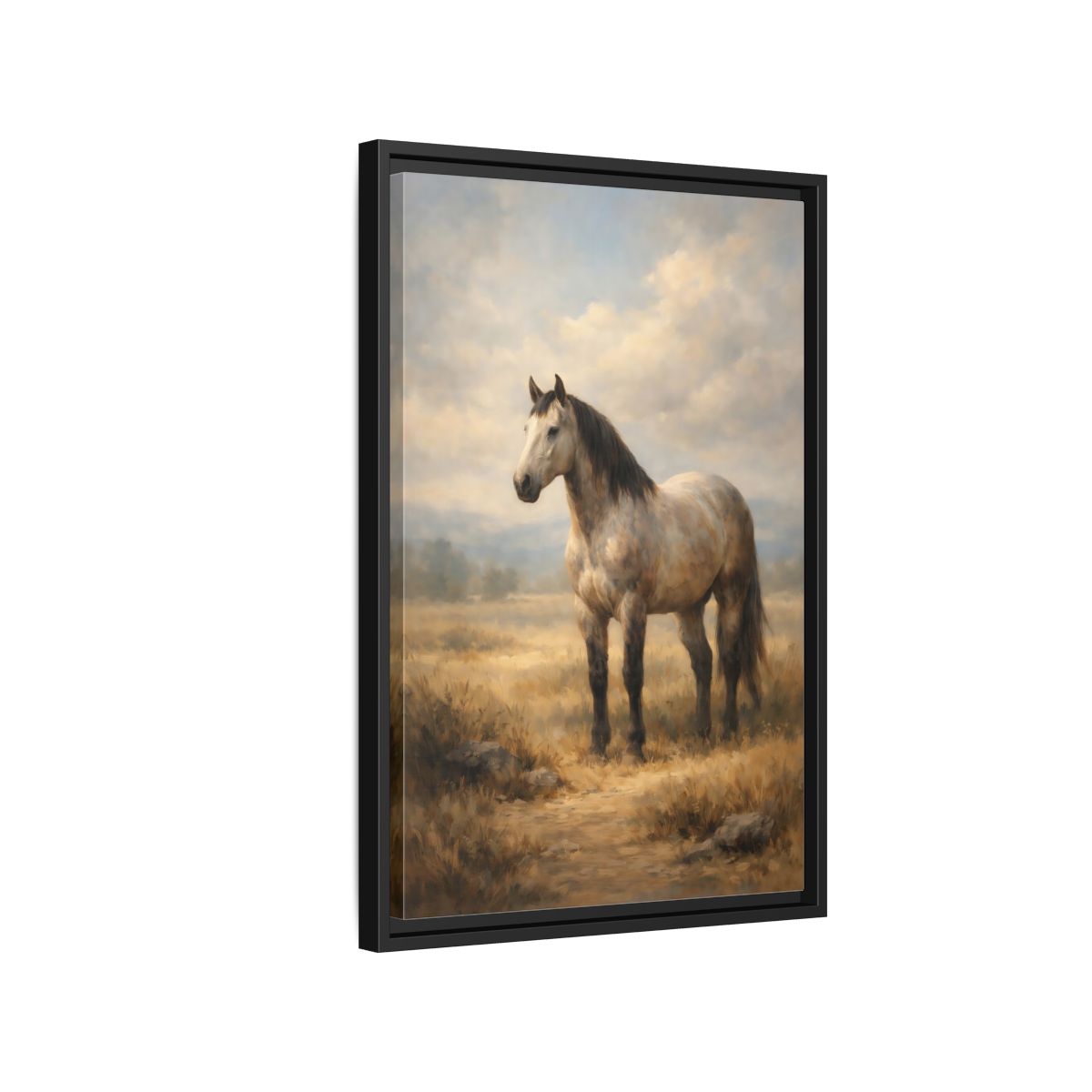 Side Mockup 3. Animals Horse Brown And Grey Horse shown as stretched canvas wall art