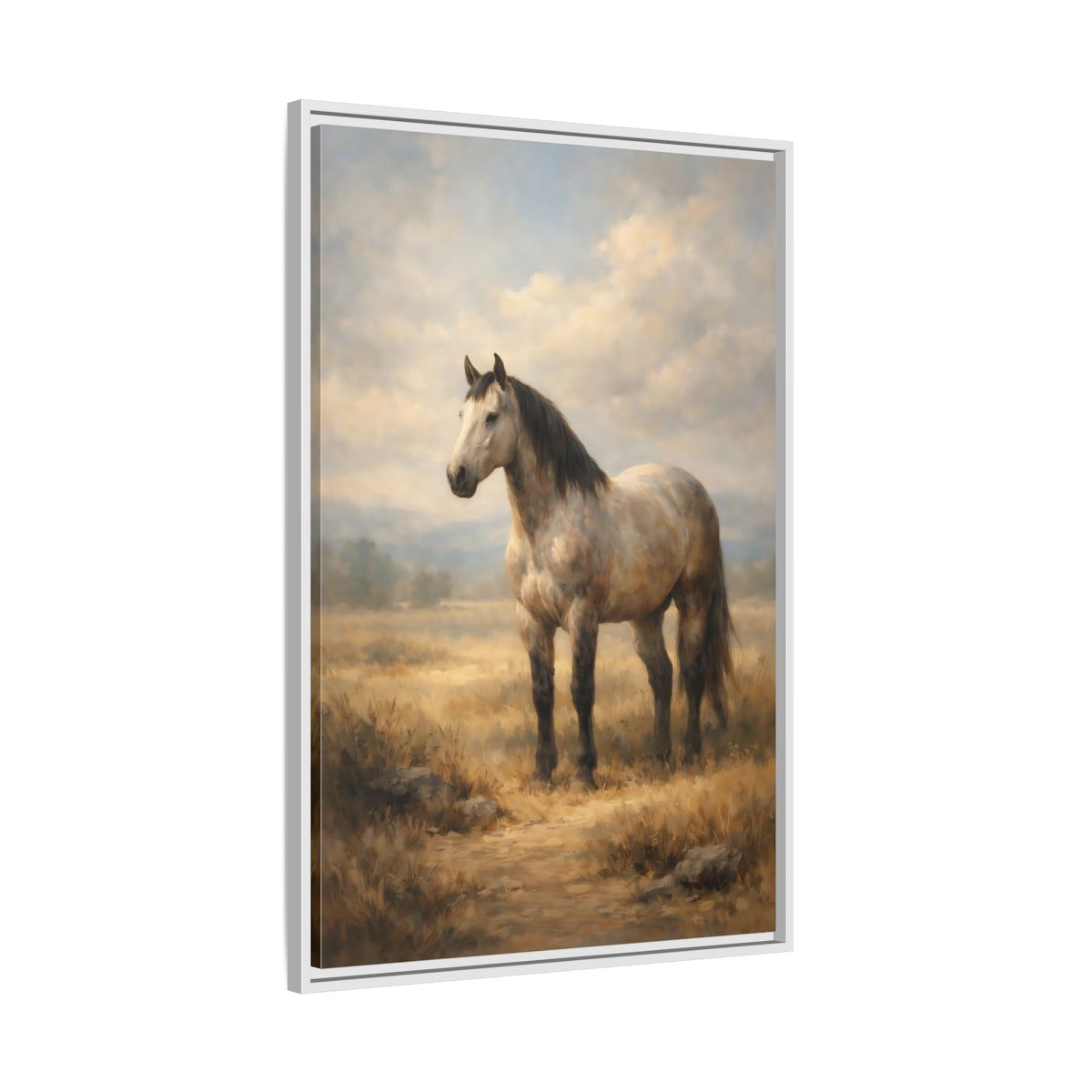 Side Mockup 9. Animals Horse Brown And Grey Horse shown as stretched canvas wall art