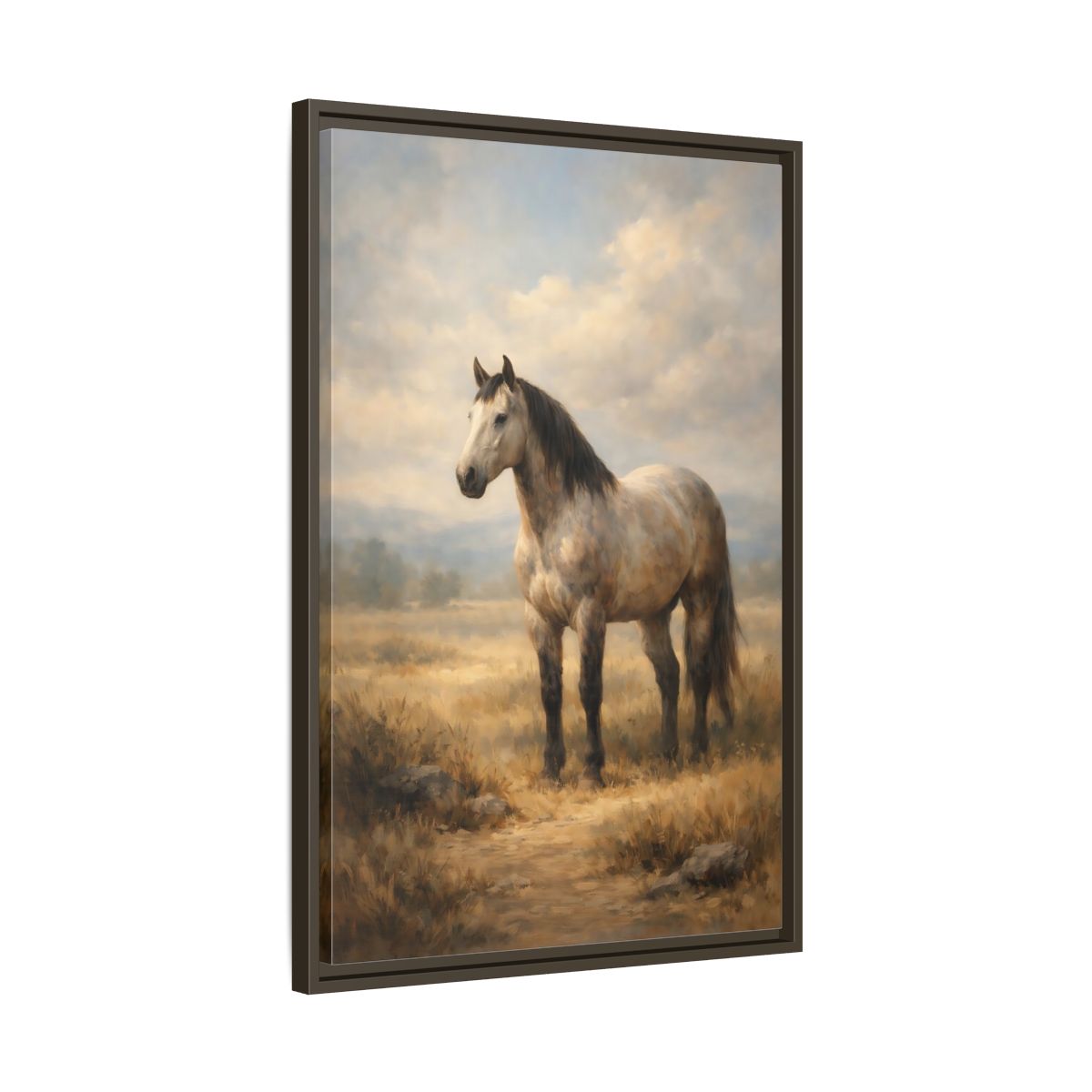 Side Mockup 12. Animals Horse Brown And Grey Horse shown as stretched canvas wall art