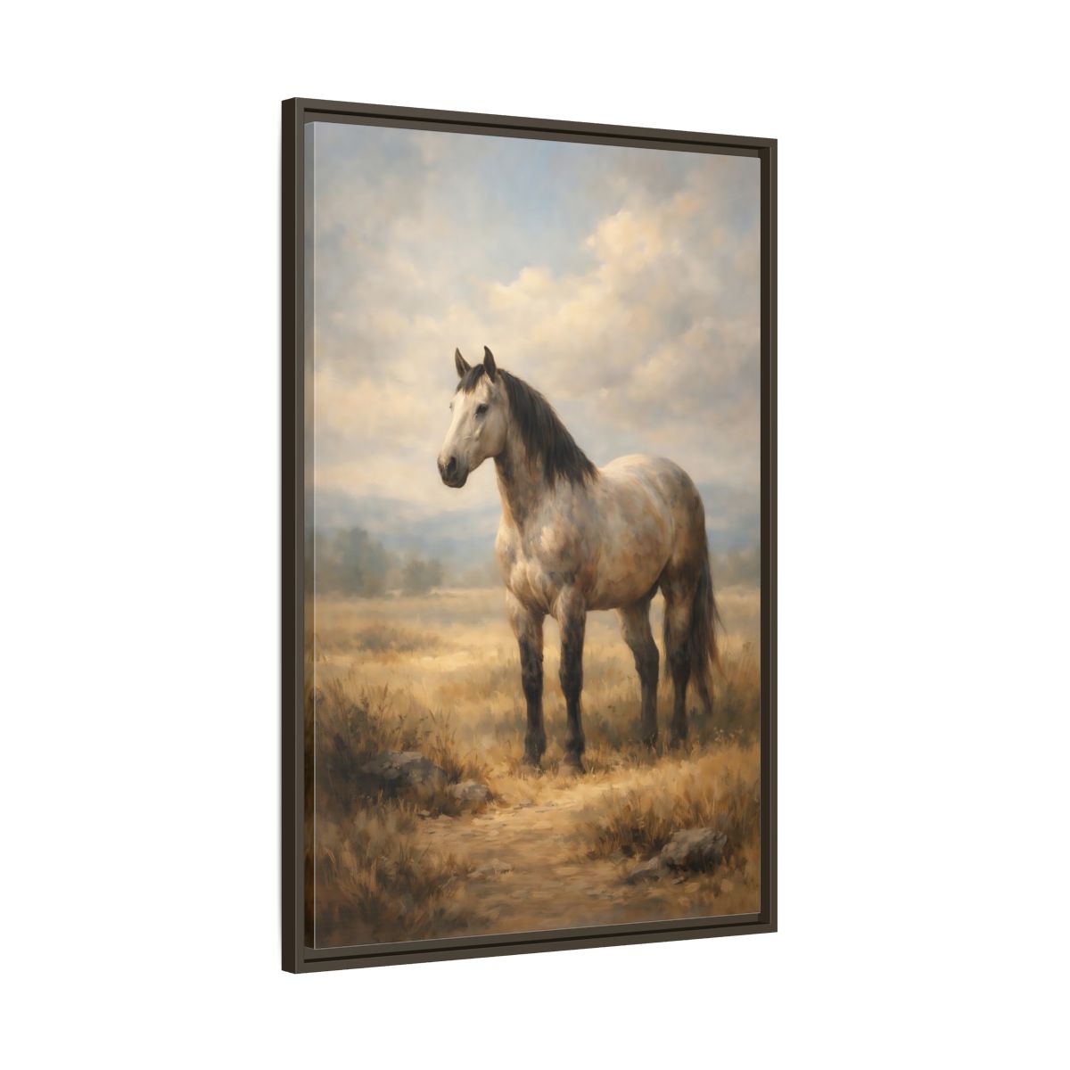 Side Mockup 10. Animals Horse Brown And Grey Horse shown as stretched canvas wall art