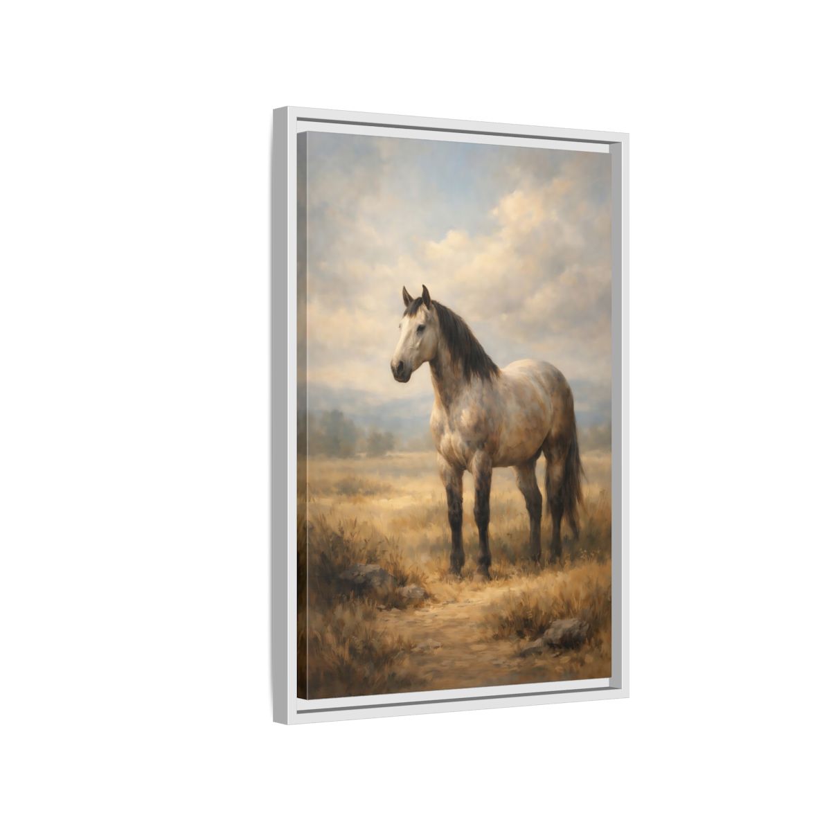 Side Mockup 1. Animals Horse Brown And Grey Horse shown as stretched canvas wall art