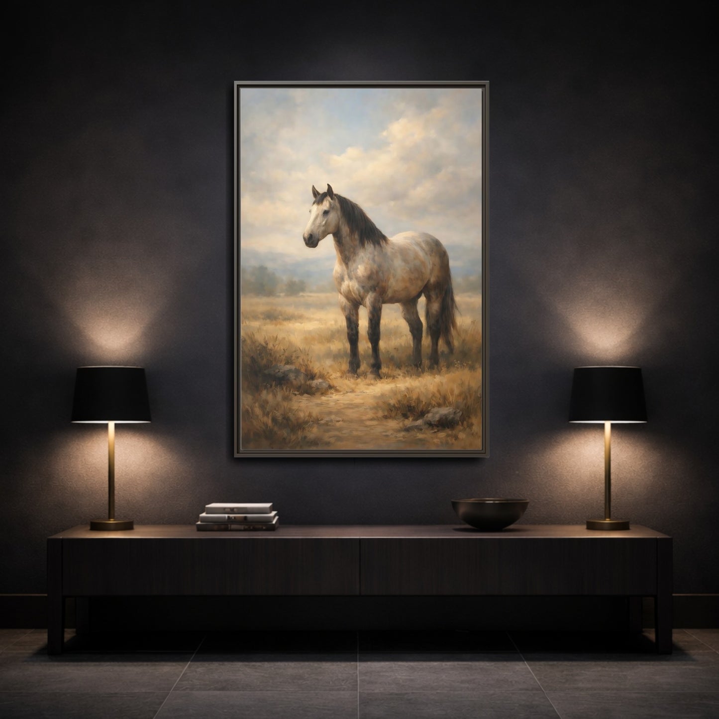 Mockup 2. Animals Horse Brown And Grey Horse shown as stretched canvas wall art