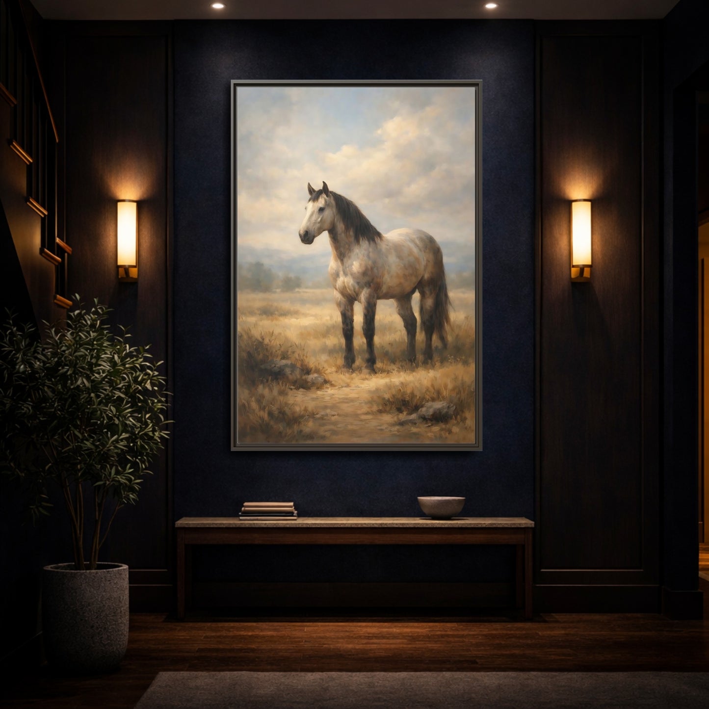 Mockup 3. Animals Horse Brown And Grey Horse shown as stretched canvas wall art