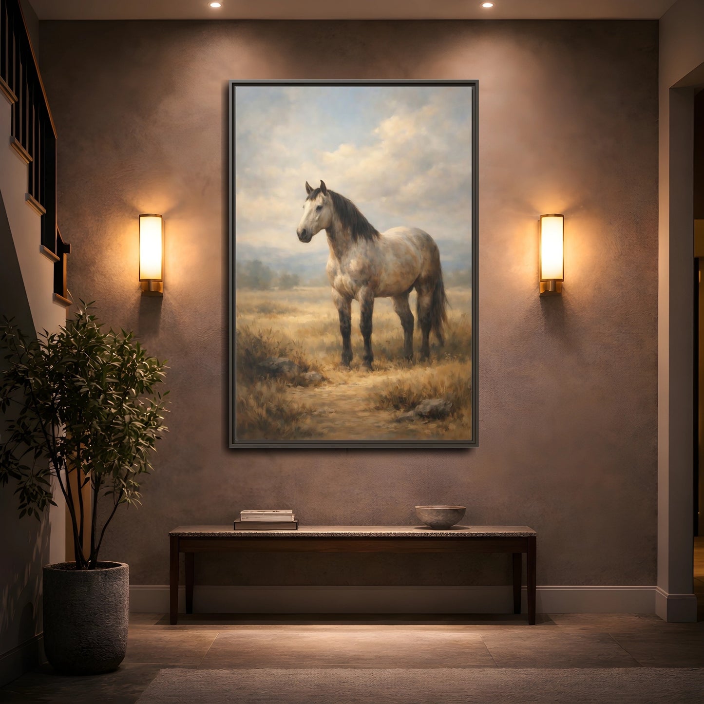 Mockup 4. Animals Horse Brown And Grey Horse shown as stretched canvas wall art