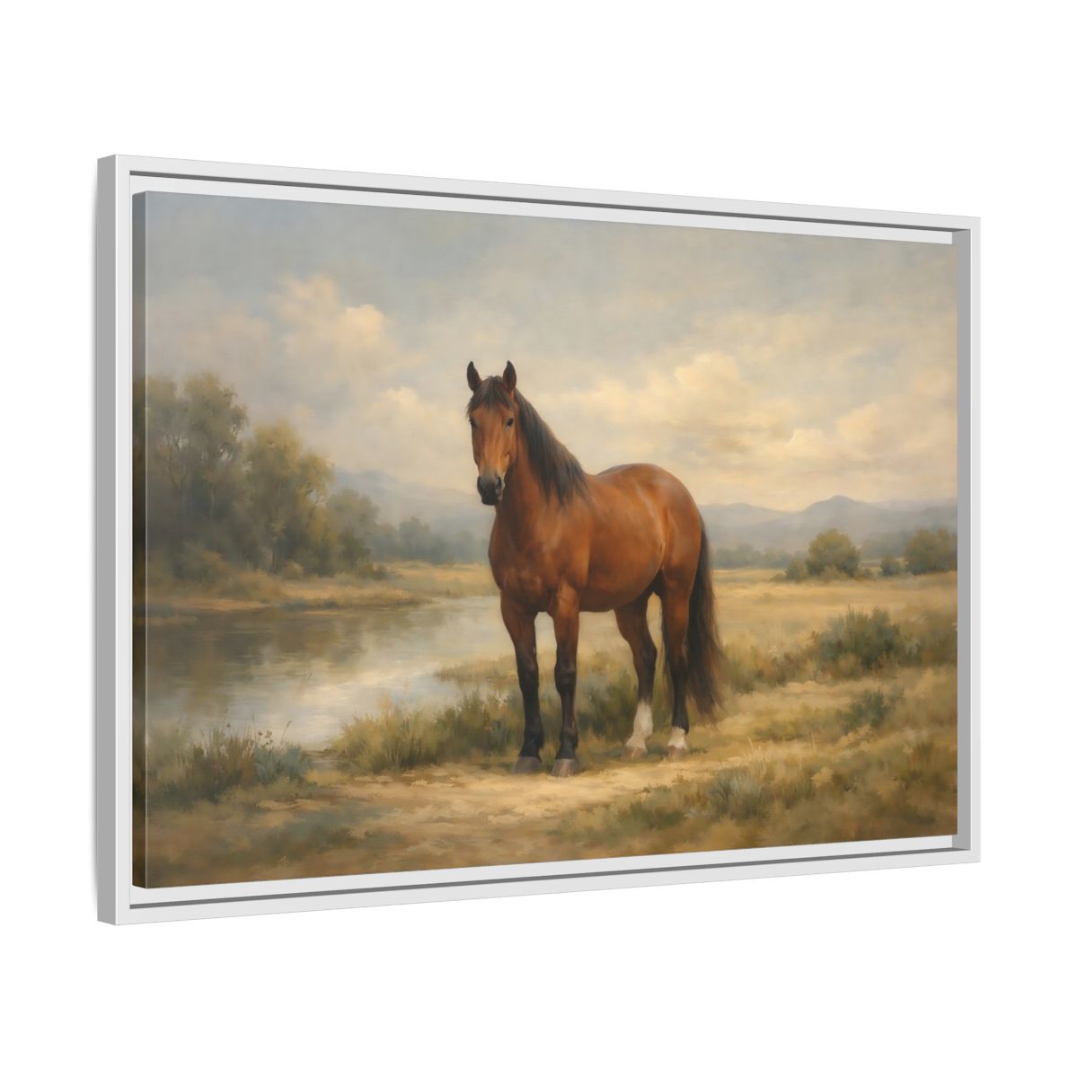 Side Mockup 10. Animals Horse Brown Horse Landscape shown as stretched canvas wall art