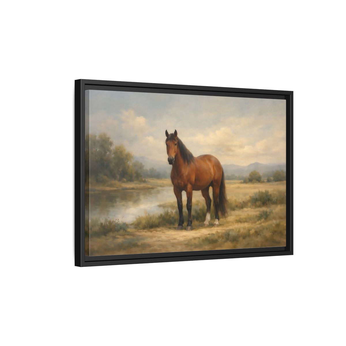 Side Mockup 3. Animals Horse Brown Horse Landscape shown as stretched canvas wall art