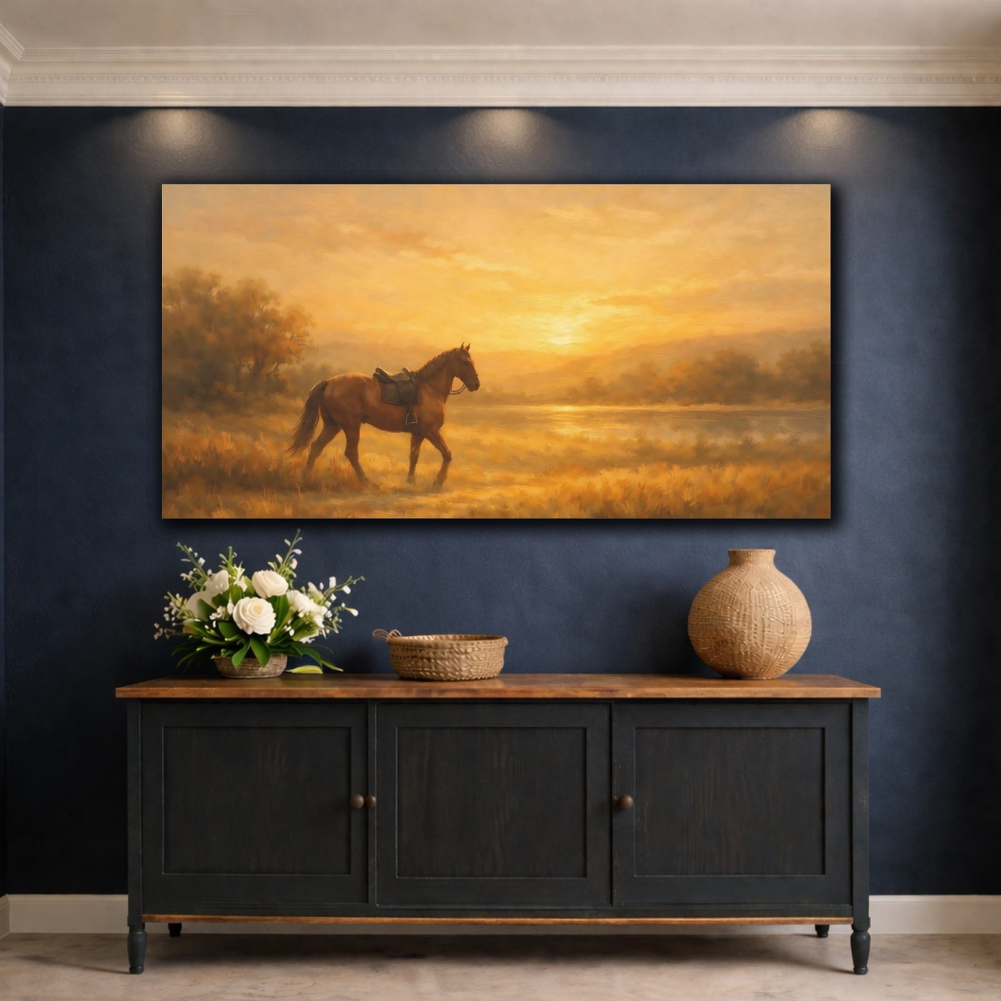 Mockup 4. Animals Horse Golden Hour Horse shown as stretched canvas wall art