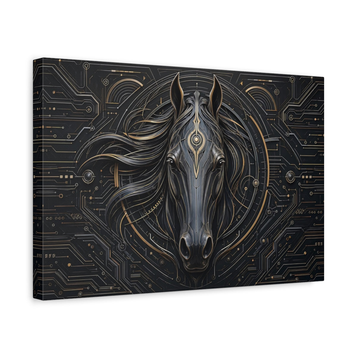 Side Mockup 4. Animals Horse Head Black And Gold Horse shown as stretched canvas wall art