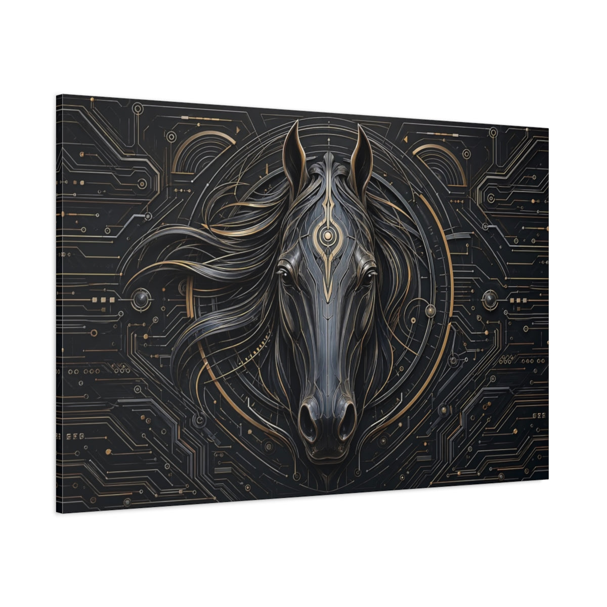 Side Mockup 1. Animals Horse Head Black And Gold Horse shown as stretched canvas wall art