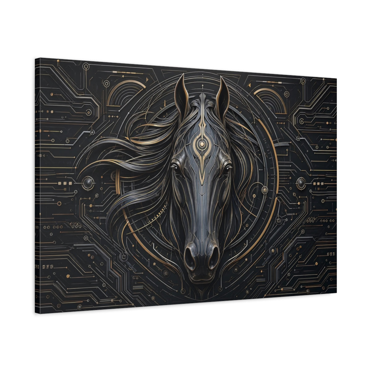 Main Mockup. Animals Horse Head Black And Gold Horse shown as stretched canvas wall art