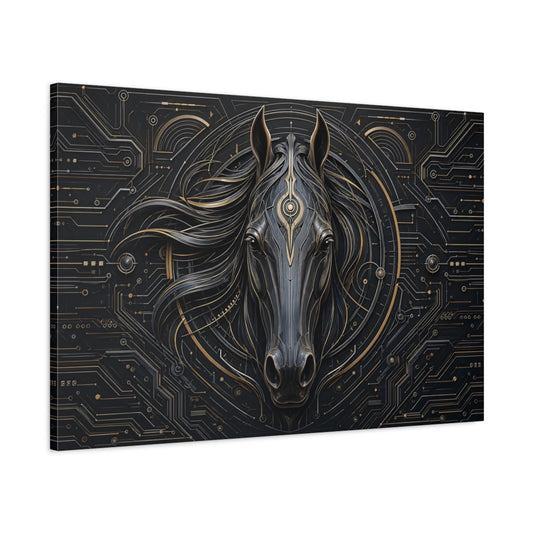 Main Mockup. Animals Horse Head Black And Gold Horse shown as stretched canvas wall art