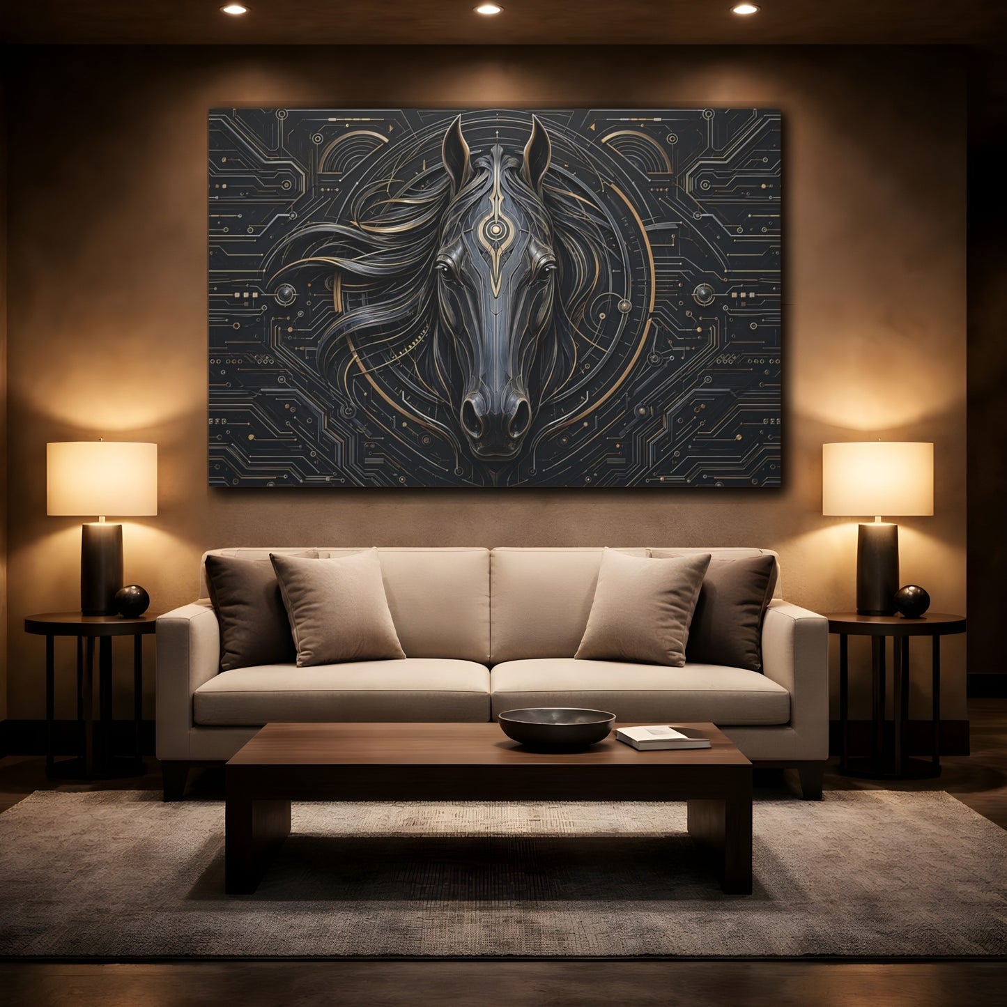 Mockup 2. Animals Horse Head Black And Gold Horse shown as stretched canvas wall art