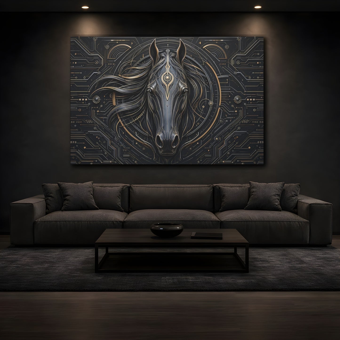 Mockup 3. Animals Horse Head Black And Gold Horse shown as stretched canvas wall art
