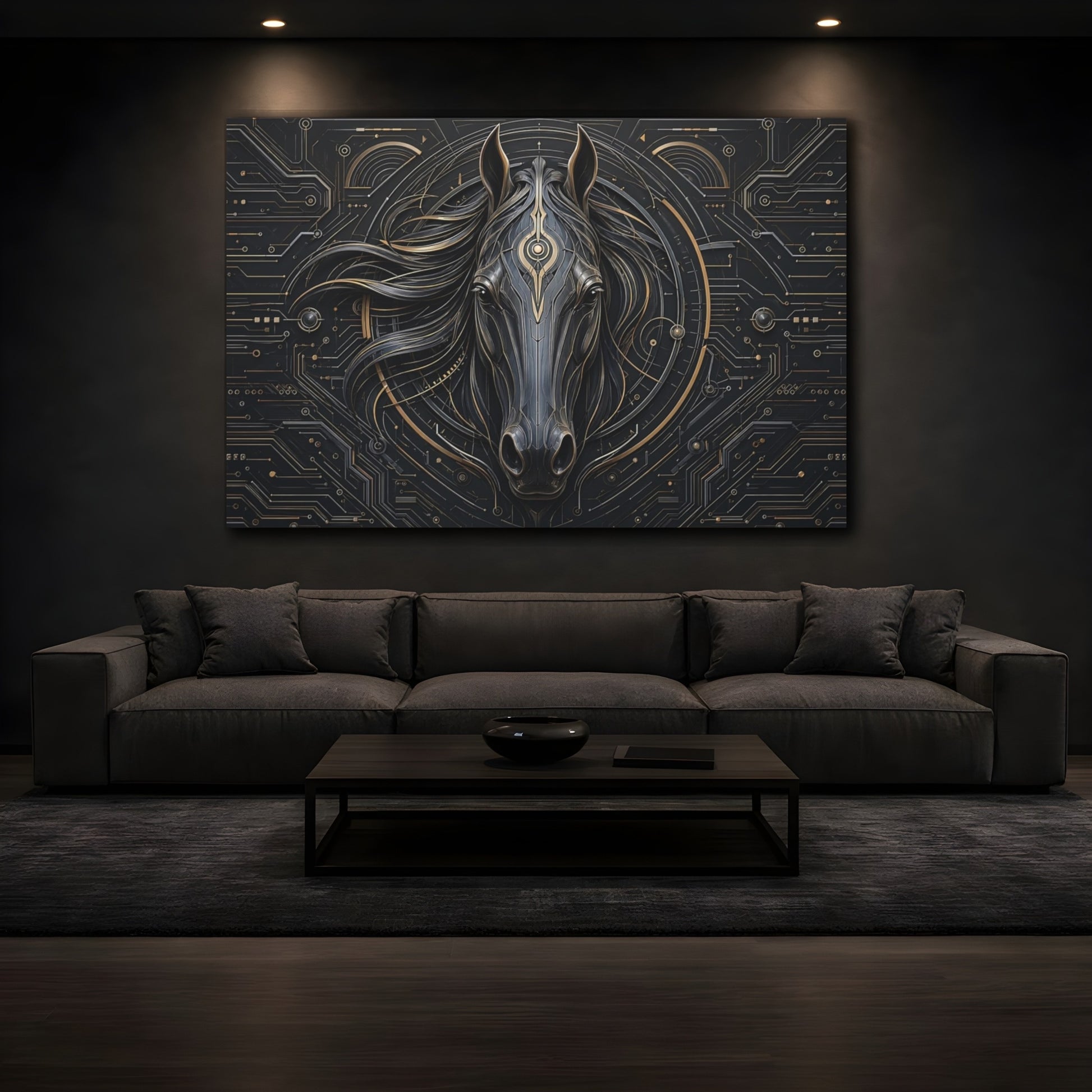 Mockup 3. Animals Horse Head Black And Gold Horse shown as stretched canvas wall art
