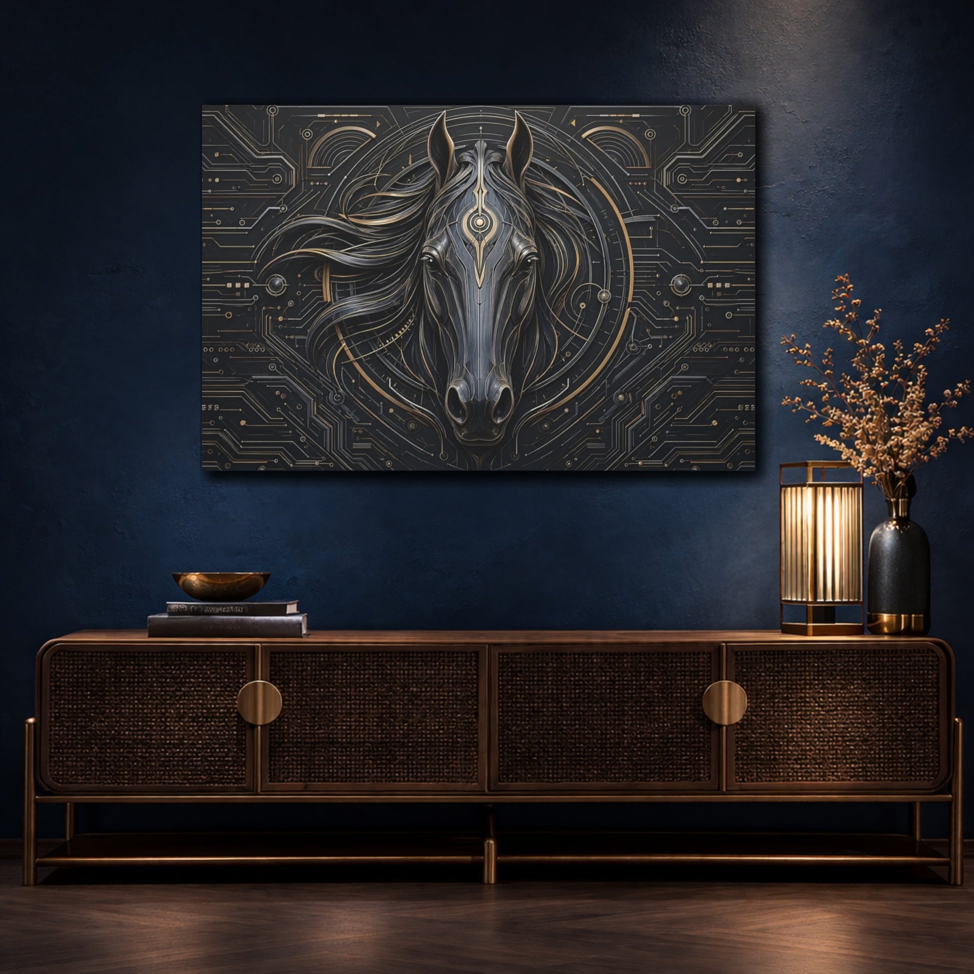 Mockup 4. Animals Horse Head Black And Gold Horse shown as stretched canvas wall art