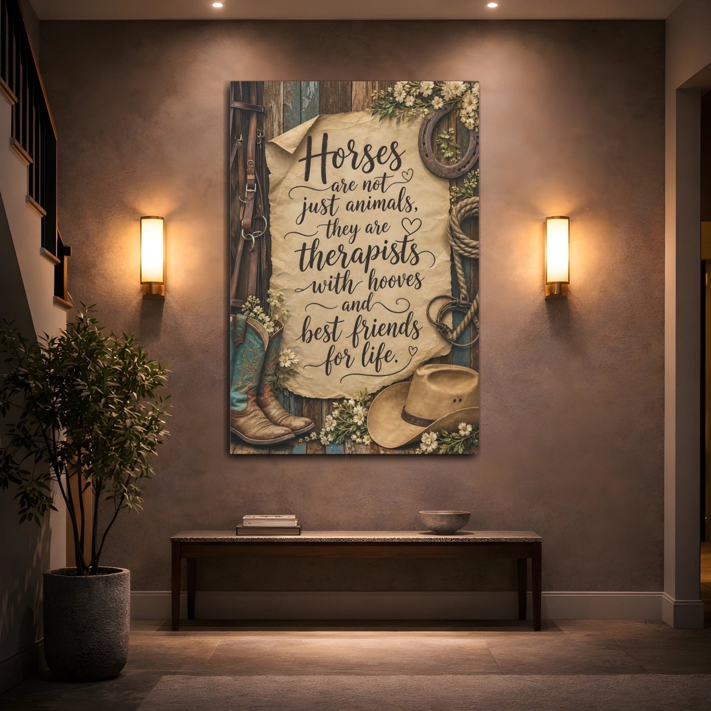 Animals Horse Quote Brown And Teal Canvas Wall Art Print – Rustic Living Room, Above Sofa - YesArtYes
