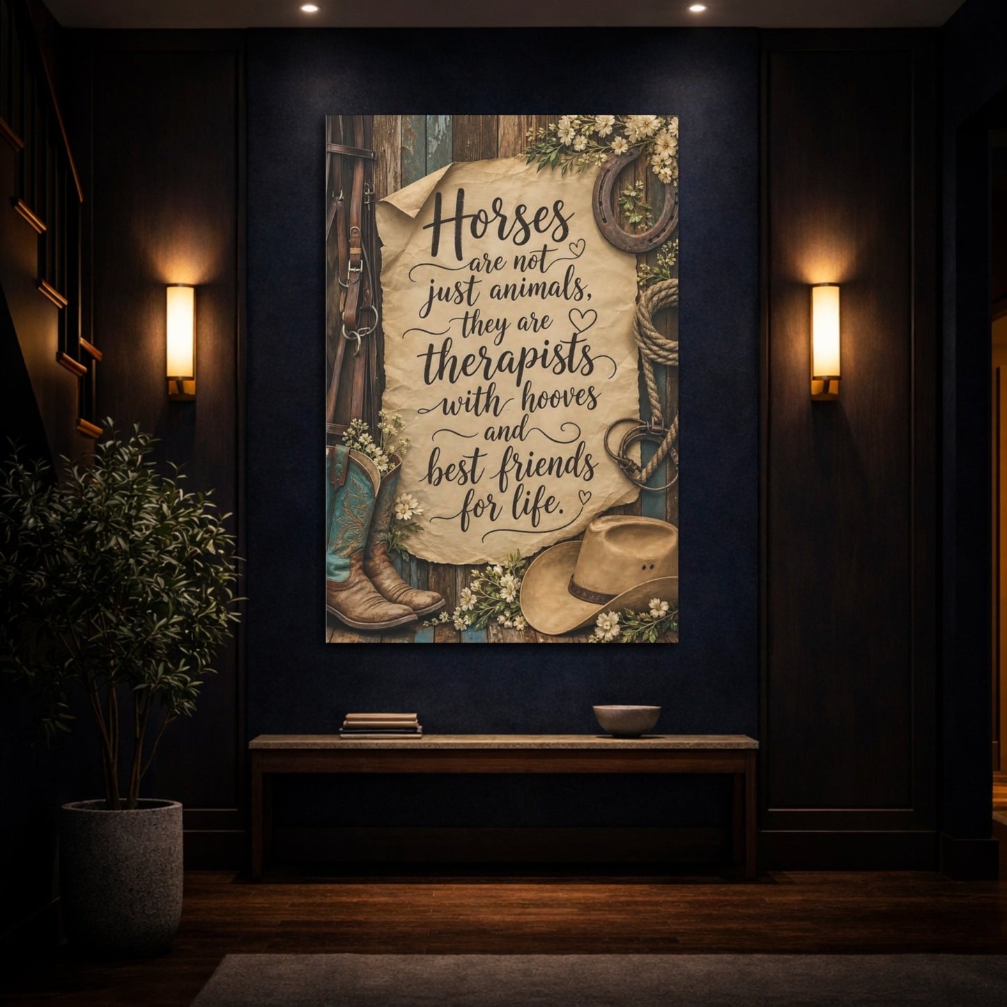 Animals Horse Quote Brown And Teal Canvas Wall Art Print – Rustic Living Room, Above Sofa - YesArtYes