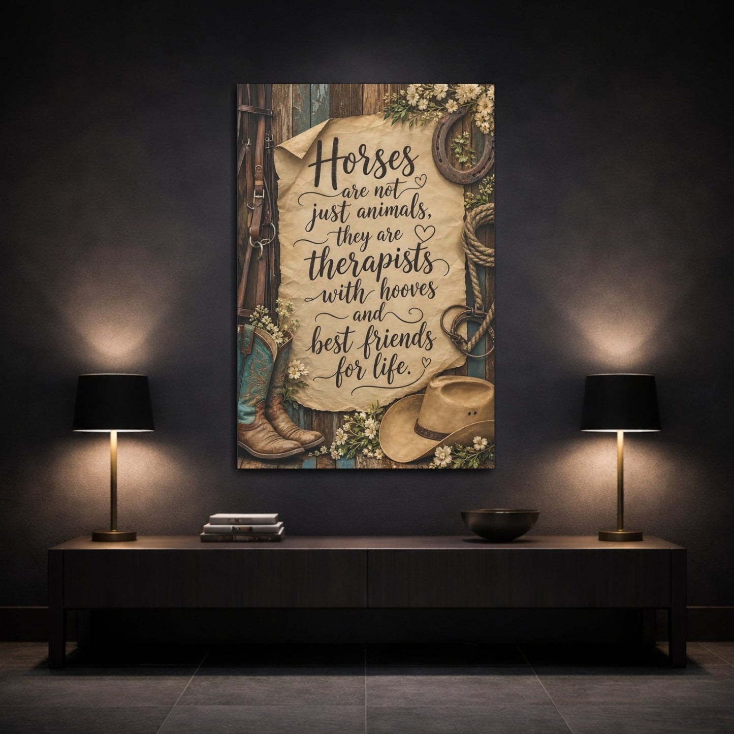 Animals Horse Quote Brown And Teal Canvas Wall Art Print – Rustic Living Room, Above Sofa - YesArtYes