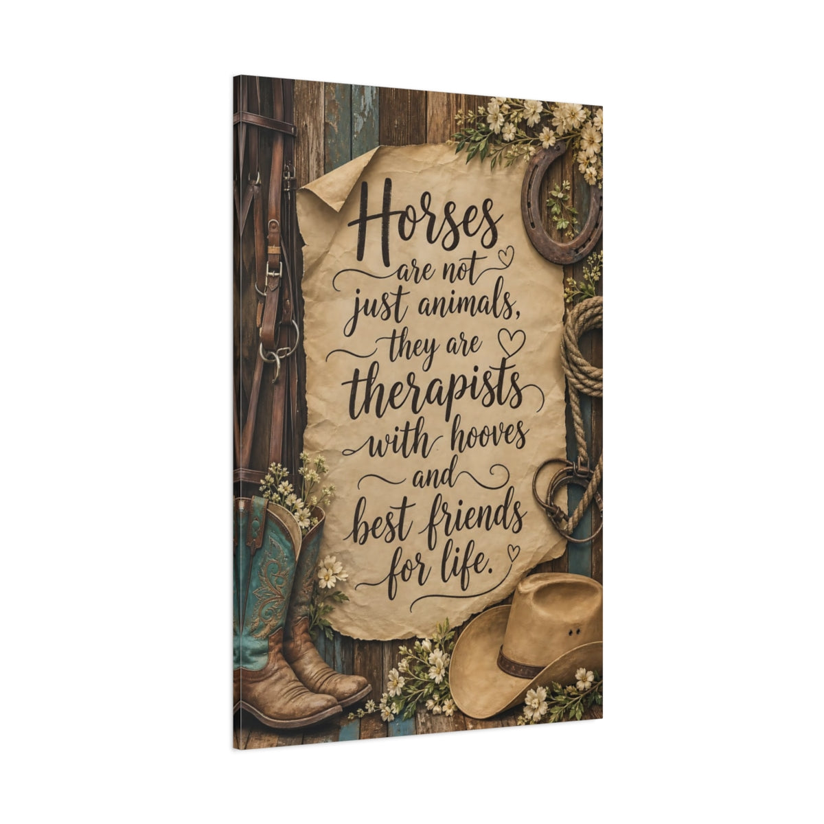 Side Mockup 1. Animals Horse Quote Brown And Teal shown as stretched canvas wall art