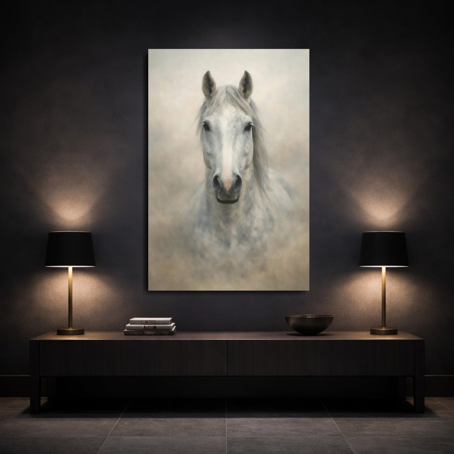 Animals Horse White Grey Horse shown as front canvas room wall art