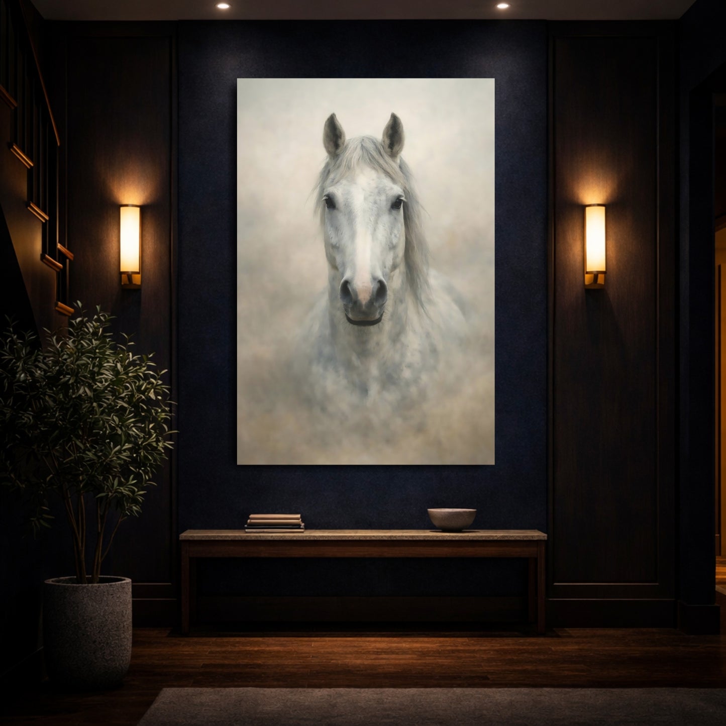 Animals Horse White Grey Horse shown as front canvas room wall art