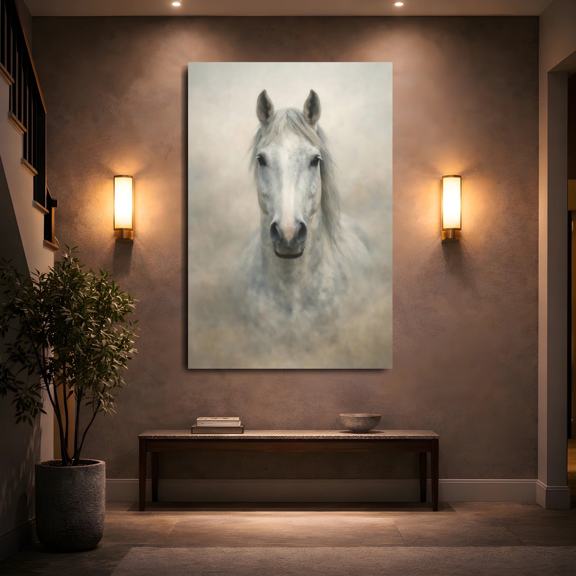Animals Horse White Grey Horse shown as front canvas room wall art