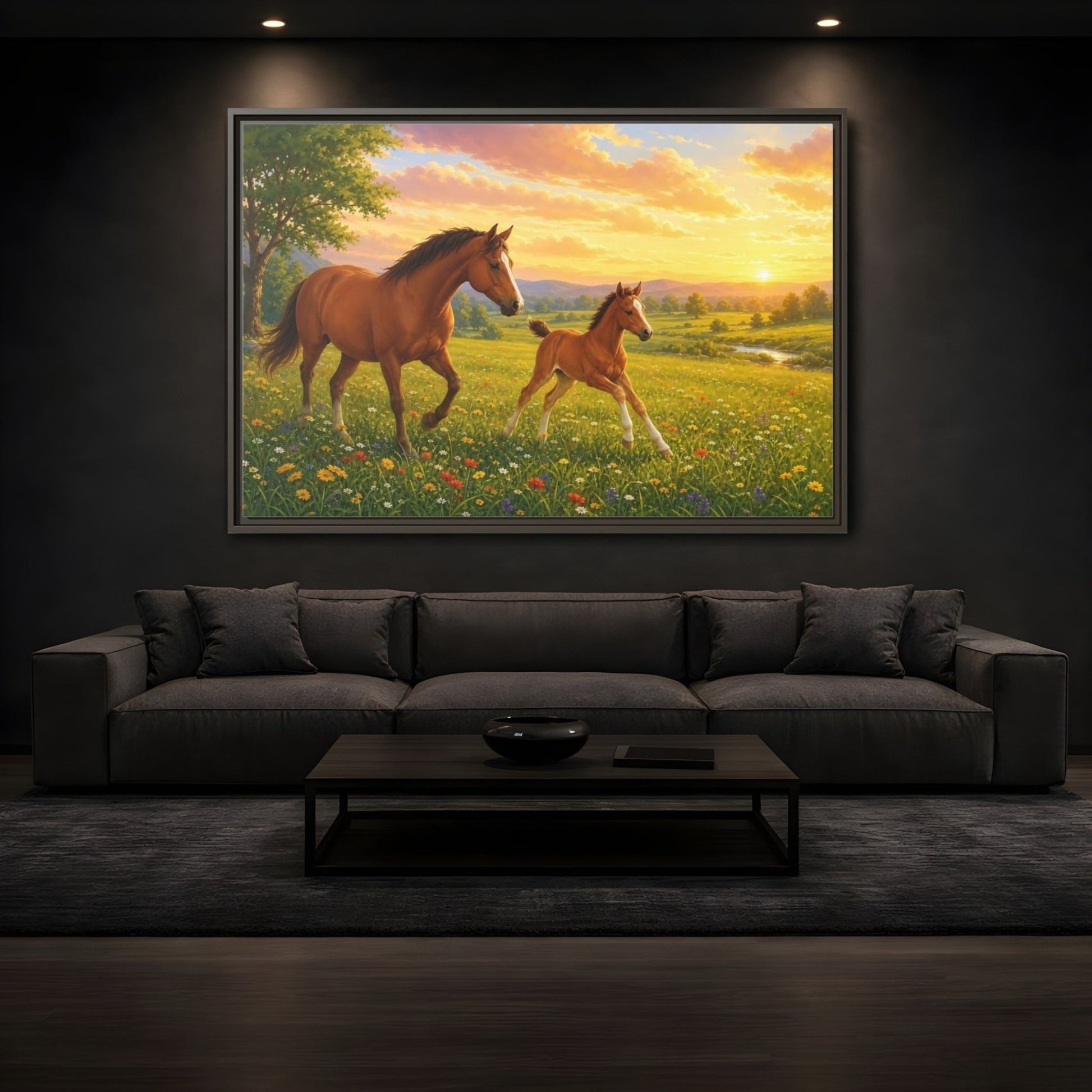 Animals Horses Brown And Gold Framed Canvas Wall Art Print – Realistic Living Room, Above Console Table - YesArtYes