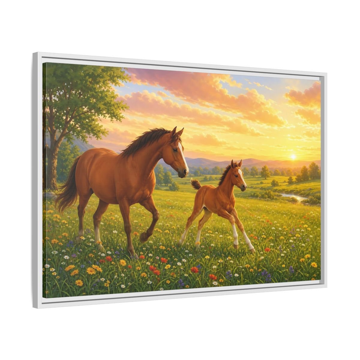 Animals Horses Brown And Gold Framed Canvas Wall Art Print – Realistic Living Room, Above Console Table - YesArtYes
