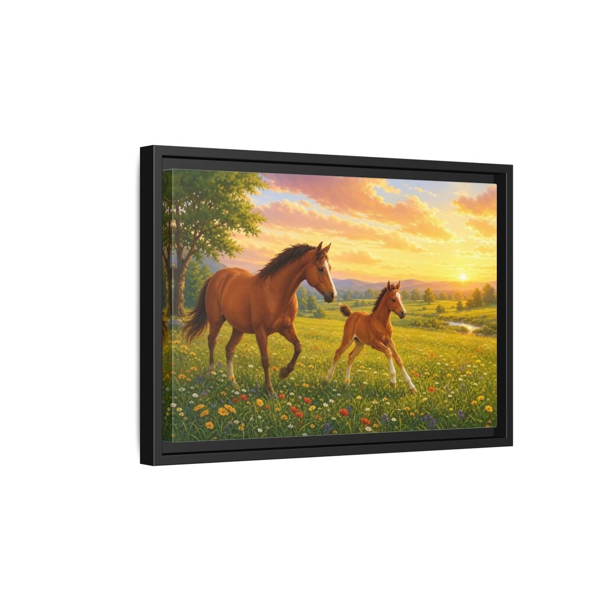 Animals Horses Brown And Gold Framed Canvas Wall Art Print – Realistic Living Room, Above Console Table - YesArtYes