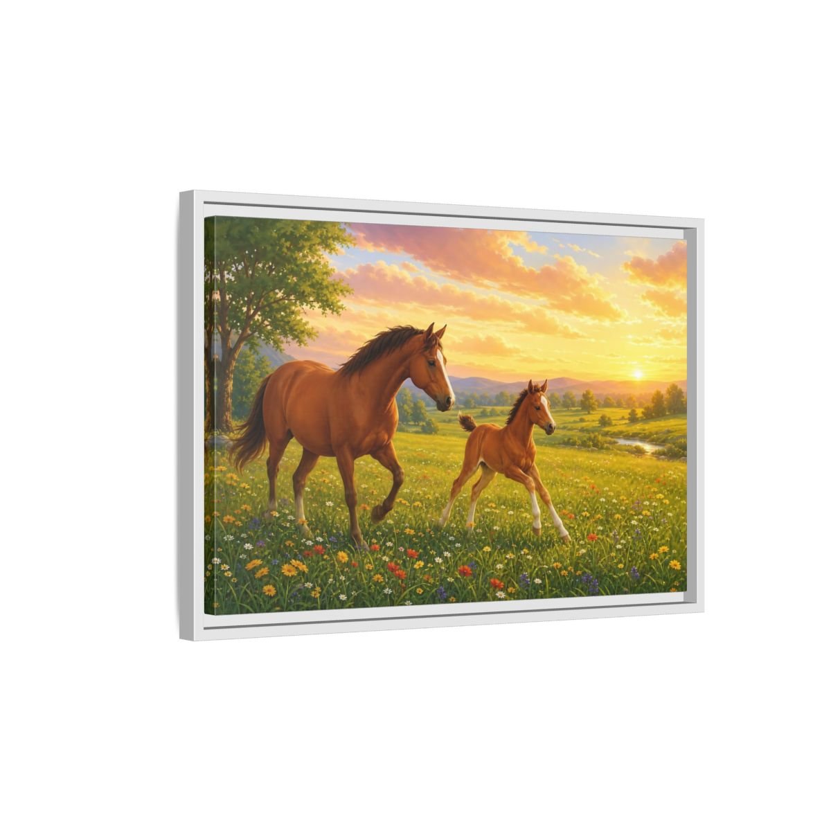 Animals Horses Brown And Gold Framed Canvas Wall Art Print – Realistic Living Room, Above Console Table - YesArtYes