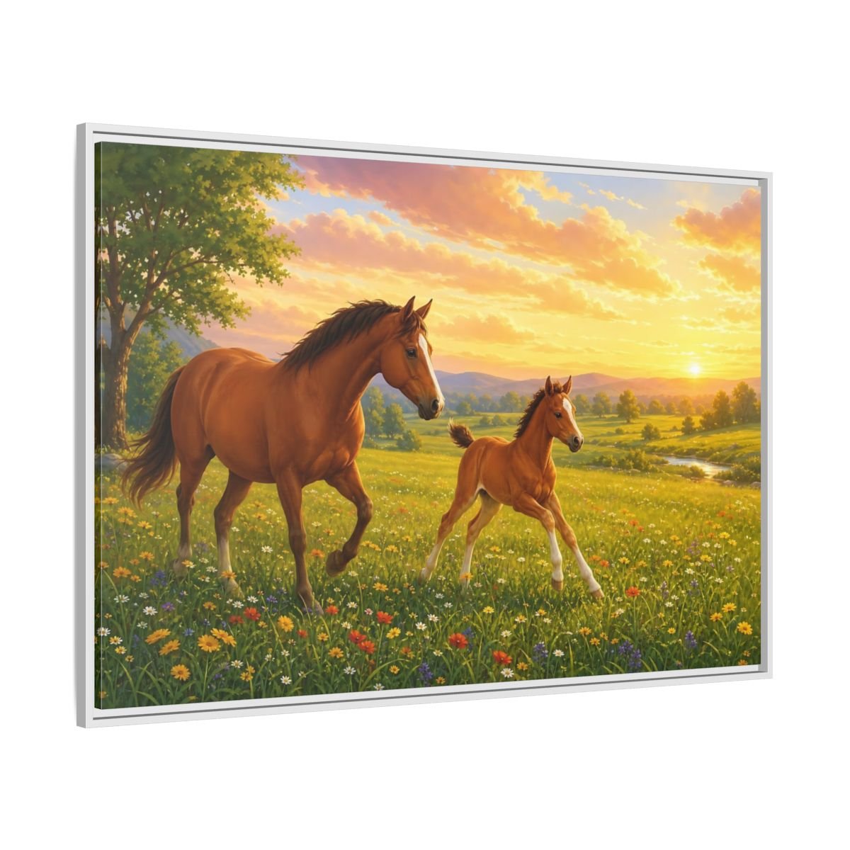 Animals Horses Brown And Gold Framed Canvas Wall Art Print – Realistic Living Room, Above Console Table - YesArtYes