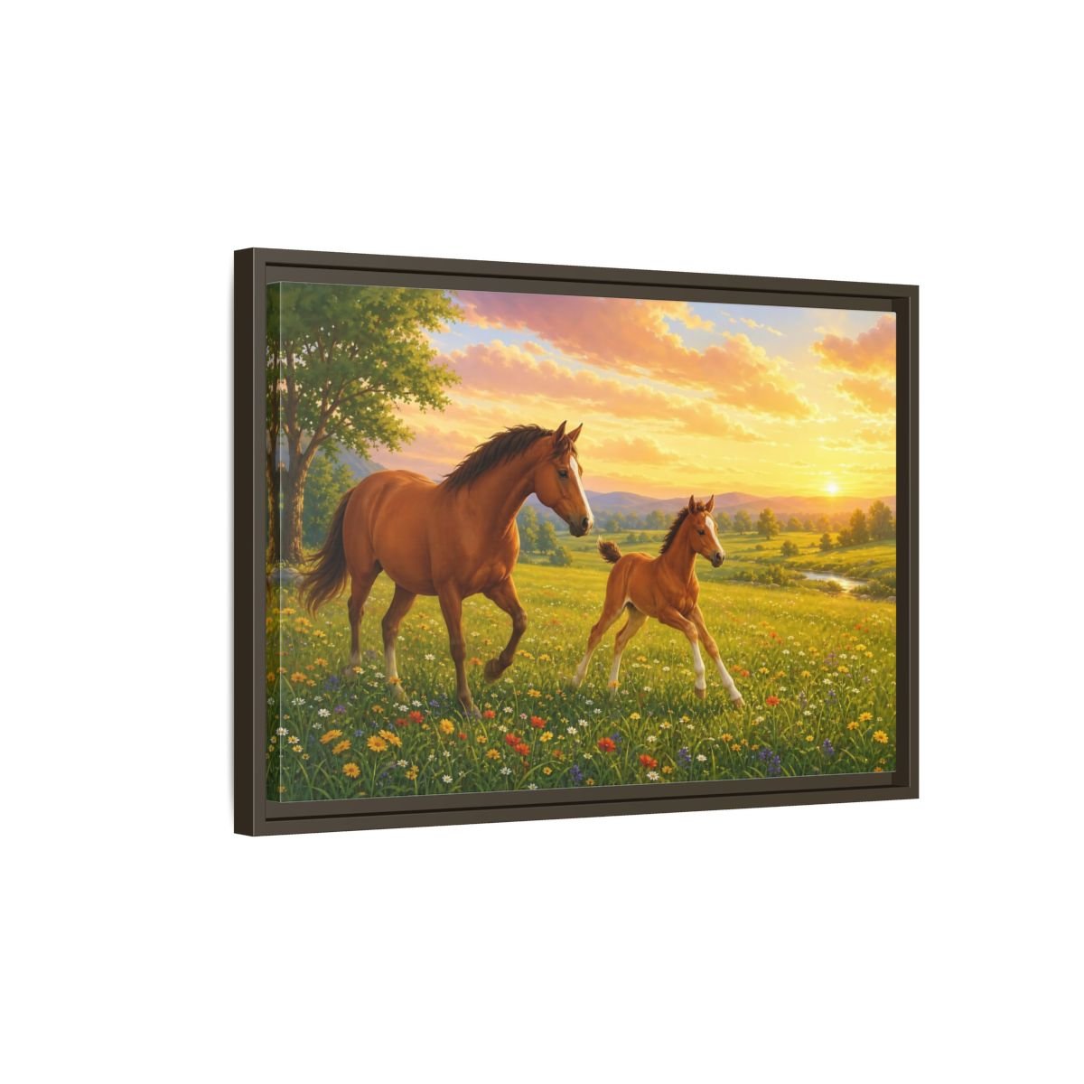 Animals Horses Brown And Gold Framed Canvas Wall Art Print – Realistic Living Room, Above Console Table - YesArtYes