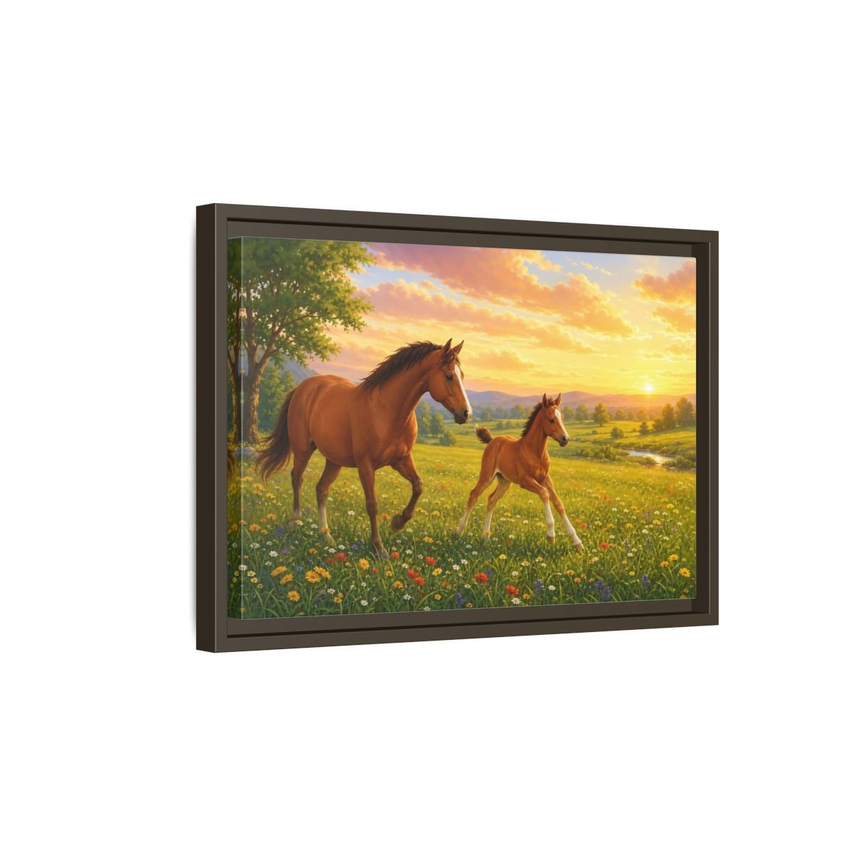 Animals Horses Brown And Gold Framed Canvas Wall Art Print – Realistic Living Room, Above Console Table - YesArtYes