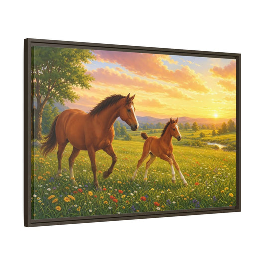 Animals Horses Brown And Gold Framed Canvas Wall Art Print – Realistic Living Room, Above Console Table - YesArtYes
