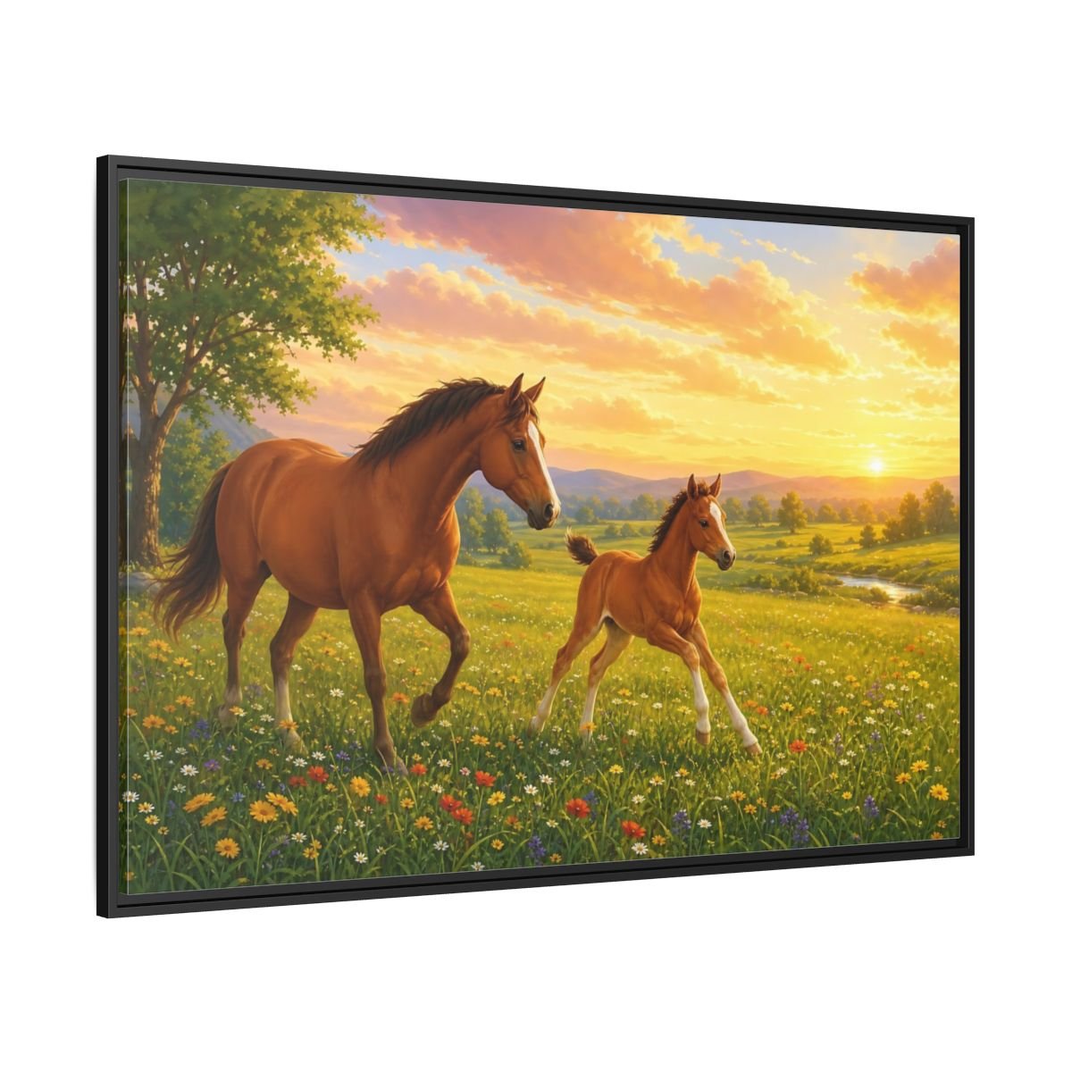 Animals Horses Brown And Gold Framed Canvas Wall Art Print – Realistic Living Room, Above Console Table - YesArtYes