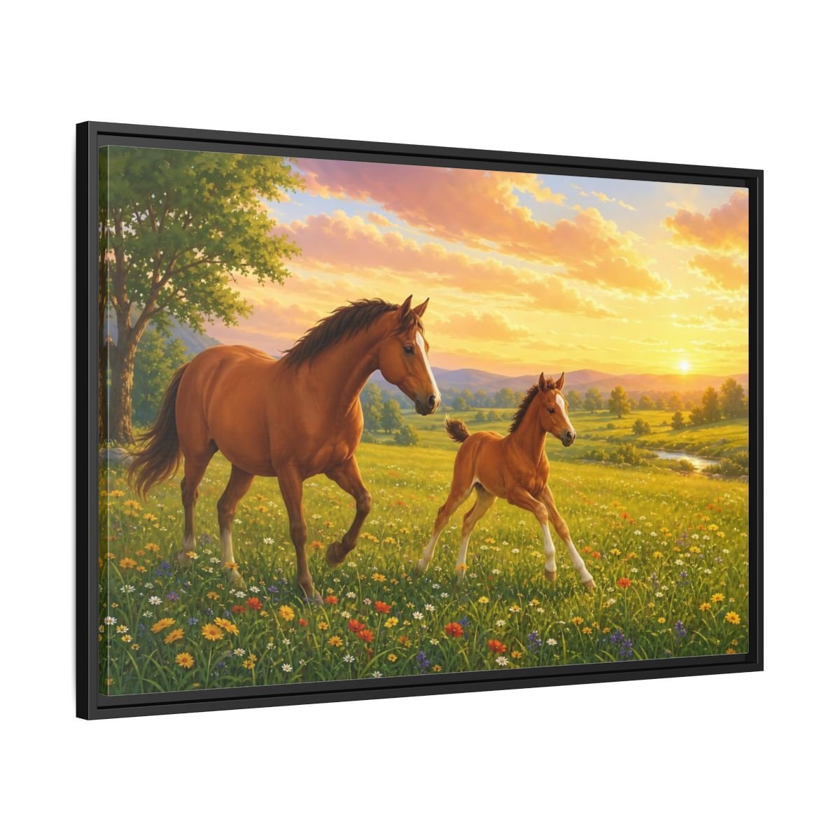 Animals Horses Brown And Gold Framed Canvas Wall Art Print – Realistic Living Room, Above Console Table - YesArtYes