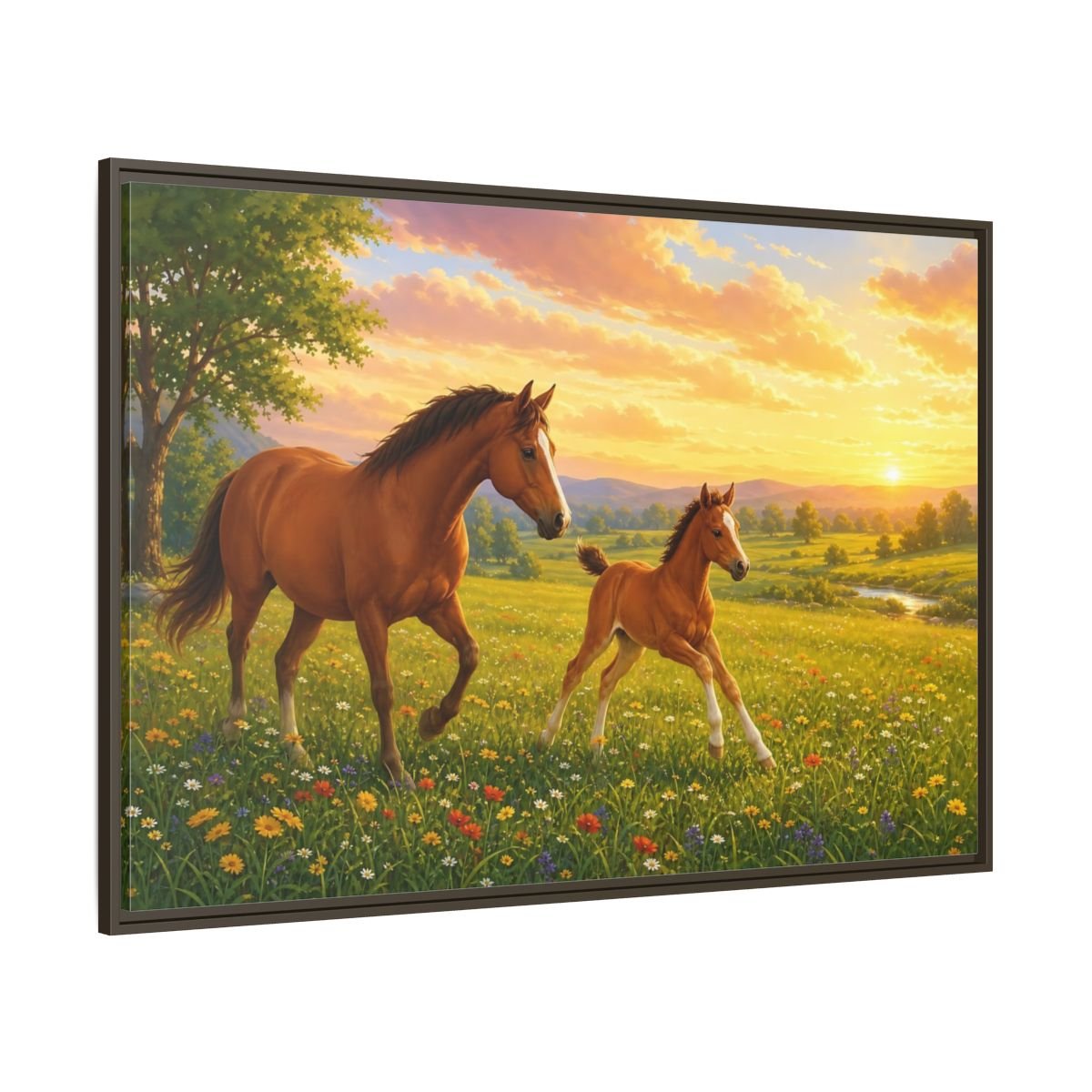 Animals Horses Brown And Gold Framed Canvas Wall Art Print – Realistic Living Room, Above Console Table - YesArtYes