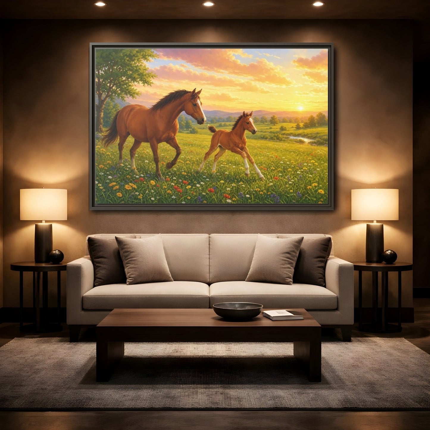 Animals Horses Brown And Gold Framed Canvas Wall Art Print – Realistic Living Room, Above Console Table - YesArtYes